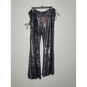 Clubexx gray silver side ties flare club festival party rave pants large FLAW
